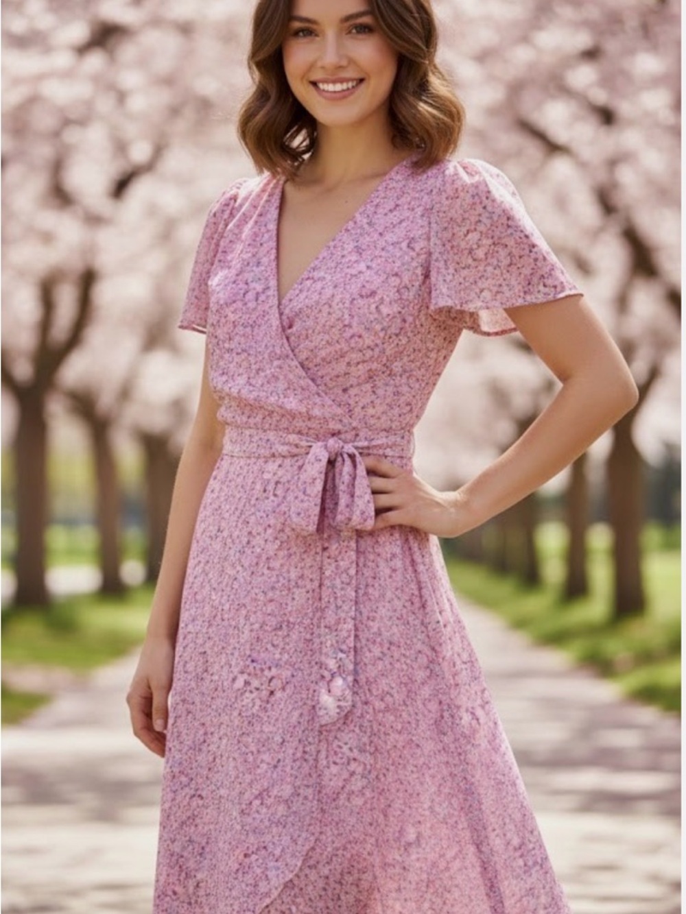 DKNY Pink Ditsy-Print Classic feminine romantic Wrap High-Low Midi Dress size 2